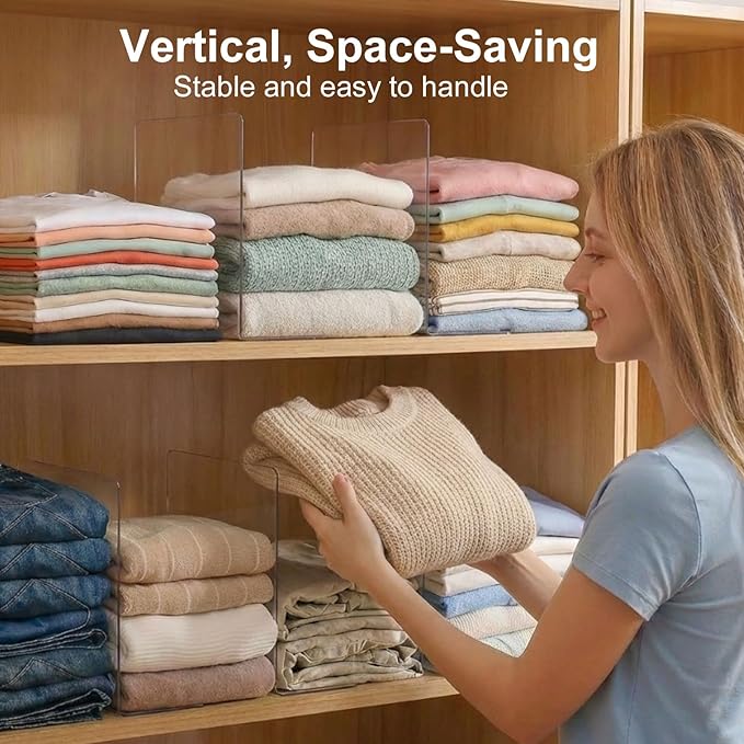 Shelf Dividers for Closet Organization: 10" Tall x 12" Deep, Adhesive Separators Features Acrylic Material and Provides Storage for Clothes and Purses in Bedroom Cabinets(8-Pack)
