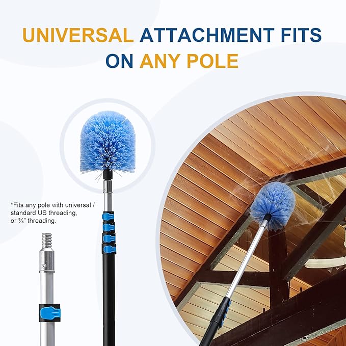 VITEVER Twist-On Cobweb Duster Head Brush, Fits Standard 3/4 inch Threaded Poles, Attachment Spider Web Duster Brush for Outdoor & Indoor Cleaning