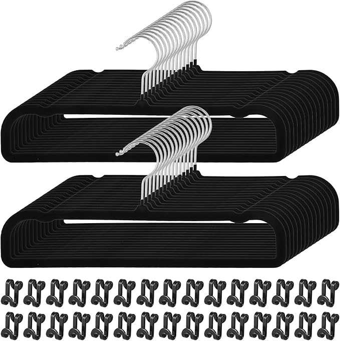 Velvet Pants Hangers Non Slip, 30 Pack Velvet Hangers for Closet with 30 Hooks, Strong Durable Space Saving Slim Clothes Hanger, Ultra Thin Flocked Hanger for Pants, Shirts, Bra, Shorts (Black)