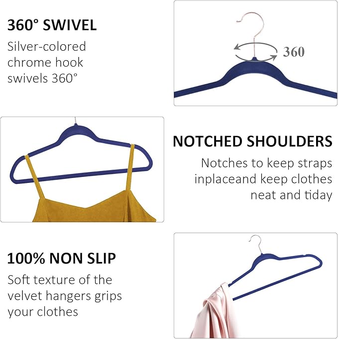 VECELO Premium Velvet Clothes Hangers Suit Heavy Duty (100 Pack)-Non Slip & Space-Saving with 12 Finger Clips & 2Tie Rack Excellent for Men and Women,Blue