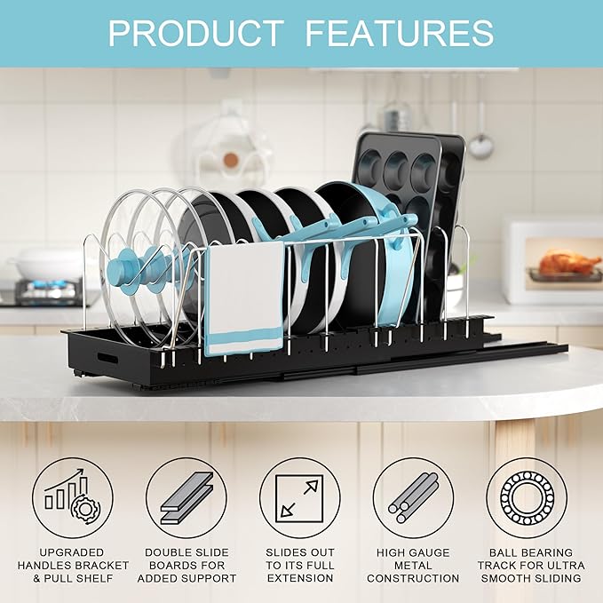 Golener Pots and Pans Organizer Under Cabinet - 22" Deep Expandable Pot Organizers inside Cabinet with 10 Adjustable Dividers &Handrail, No Drill Pot Lid Holder, Sliding Pot Lid Holder, 1 Pack