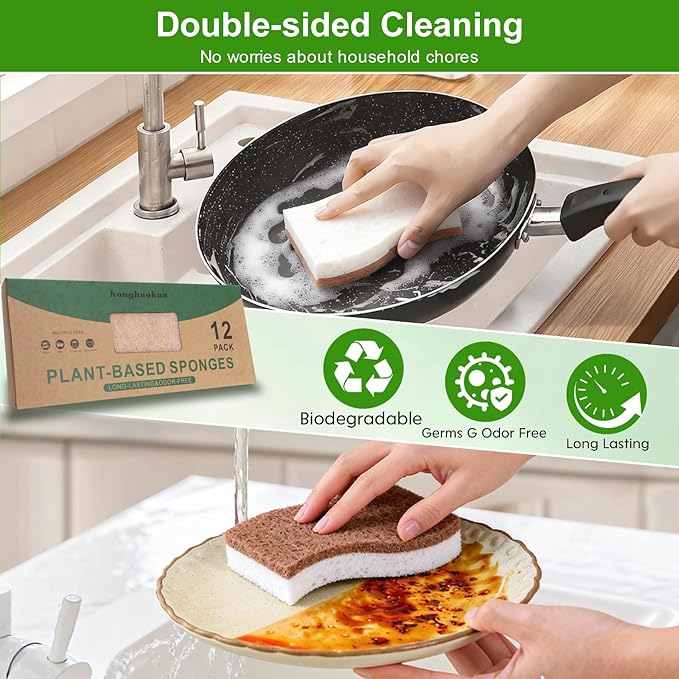 Sponges Kitchen – 12-Pack, Natural sponges for Dishes S-Shaped Dual-Layer for Pots, Pans, Tableware, Durable & Comfortable Grip for Everyday Cleaning