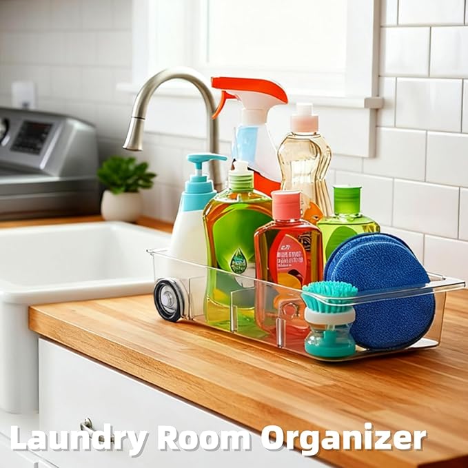 2 Pack Refrigerator Organizer Bin with Wheels, Roll Out Pantry Storage with Dividers, Clear Plastic Refrigerator Drawer, Upgrade Thick Fridge Caddy for Under Sink, Kitchen Organization