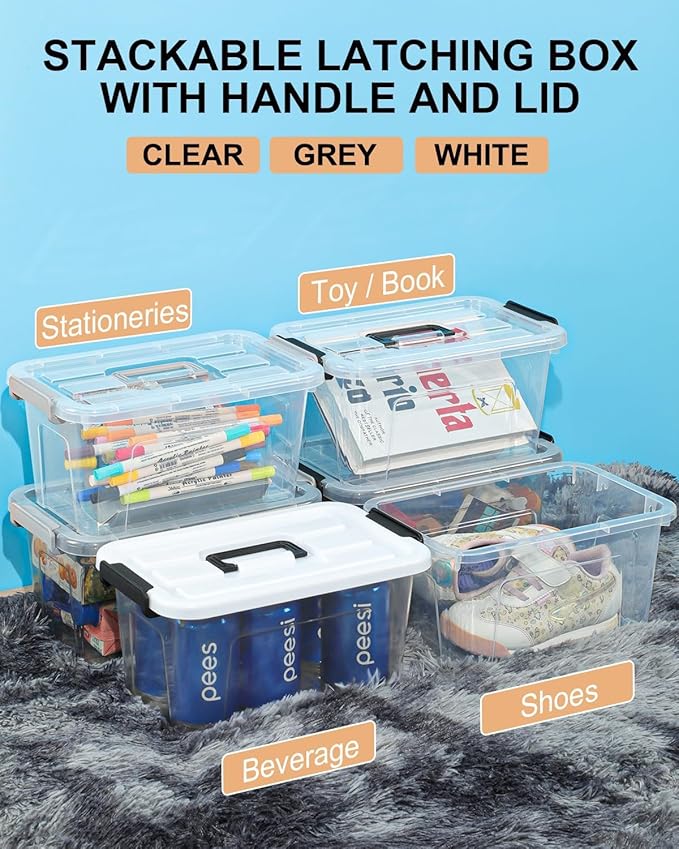 6 Pack Plastic Storage Bins with Lids 7 Quart Stackable Clear Storage Bins with Buckle Lids and Handle easy for Home Office Pantry Organization, Grey