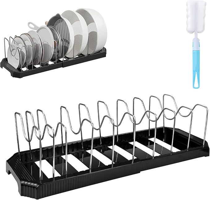Pots and Pans Organizer Under Cabinet, 7-Slot Expandable Pot Rack Organizer with Cup Brush, Kitchen Pots and Pans Organizer for Cookware, Lids, Bakeware, Cutting Boards Tool-Free Installation (Black)