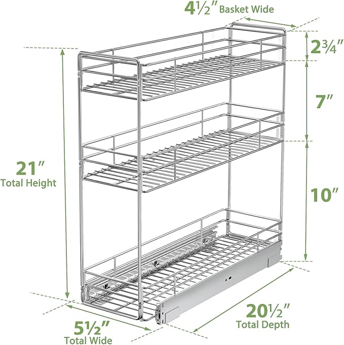 Pull Out Spice Rack Cabinet Organizer 5½" W x 20½" D, 3 Tier Heavy Duty Sliding Spice Cabinet Organization for Narrow Cabinet, Pull Out Shelves for Kitchen