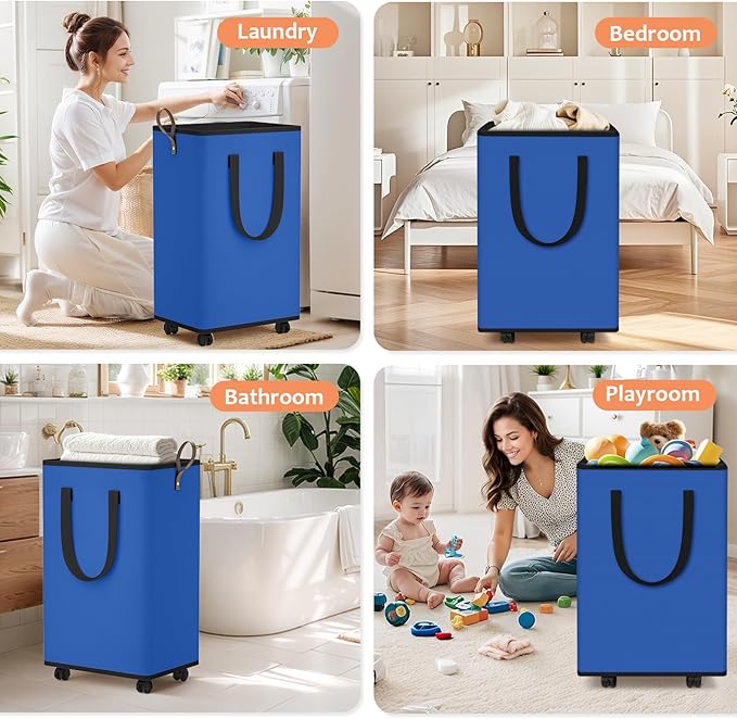 Laundry Basket with Wheels, Collapsible Laundry Baskets, Laundry Hamper with Handles Detachable Wheels, Rolling Laundry Basket, Dirty Clothes Hamper for Bathroom, Dorm, Bedroom, Blue, 100L