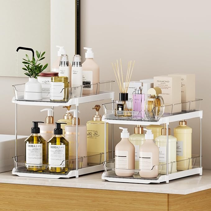 LAMU 2 Pack Bathroom Organizers and Storage, 2-Tier Stackable Under Sink Storage with Pull-Out Drawers & Dividers, Medicine Cabinet Organizer for Kitchen Pantry Organization