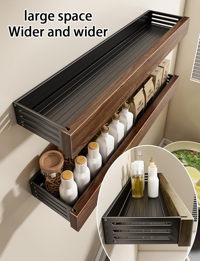 spice rack wood kitchen spice rack wall mounted adjustable adhesive or screw, hung on the door and wall, black large rack for storing items in refrigerators and ovens