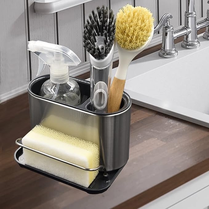 Stainless Steel Sink Caddy Sponge Holder Organizer Tidy Drains Water Dish Brush Holder for Kitchen Counter
