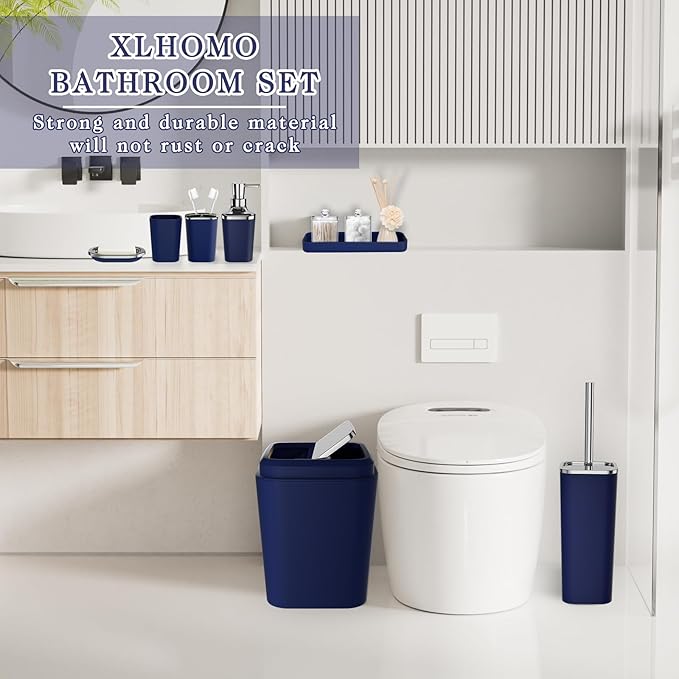 Navy Blue Bathroom Accessories Set, 9-Piece Plastic Gift Set with Trash Can, Toothbrush Holder, Toothbrush Cup, Soap Dispenser, Soap Dish, Toilet Brush Holder,2 Qtip Holder Dispensers and Tray