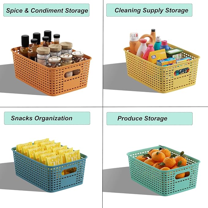 Plastic Storage Basket for Organizing 12 Pack Small Colored Storage Bins Container for Shelves, Colorful Shelf Baskets with Handles for Pantry Classroom Playroom Kitchen Cabinet Organization