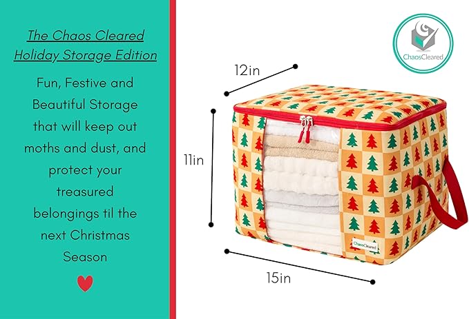 Canvas Storage Bags 2 Pack Designer Clothes Organizer bags for sweaters, clothing, garments, quilt, linens, large folding organizers with zip & window, moth proof space saver - Christmas tree print