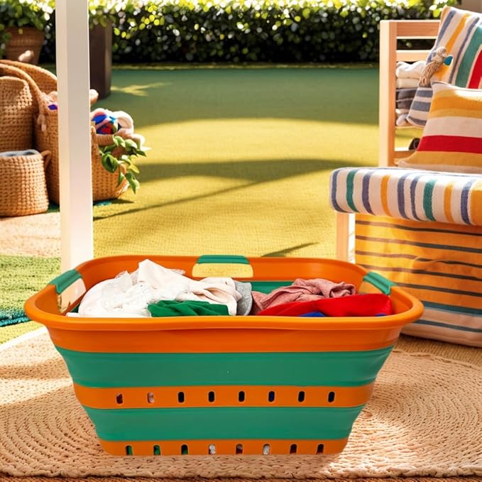 SAMMART 42L (11 gallon) Collapsible Plastic Laundry Basket - Foldable Pop Up Storage Container/Organizer - Space Saving Hamper/Basket (1, Autumn Leaf/Forest Green)