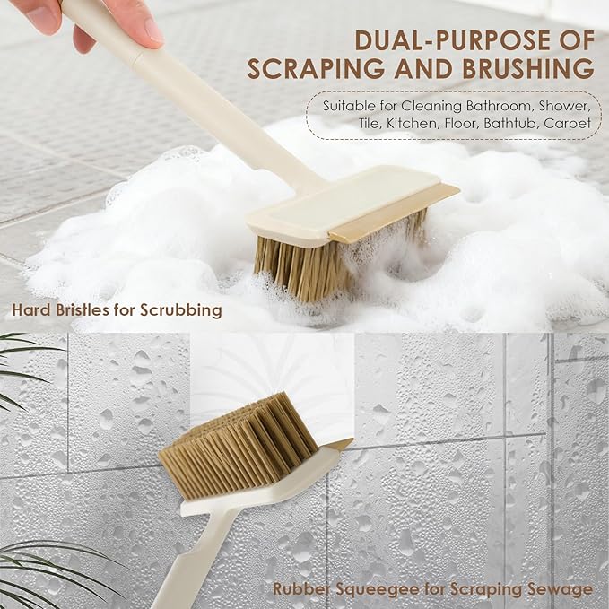 3 Pack Hard Bristle Scrub Brush Set with Long Wooden Handle, 2-in-1 Heavy-Duty Scrubbing Brushes with Scraper Strip, Glass Shower Squeegee, Cleaning Brush for Bathroom, Shower, Floor, Bathtub, Walls
