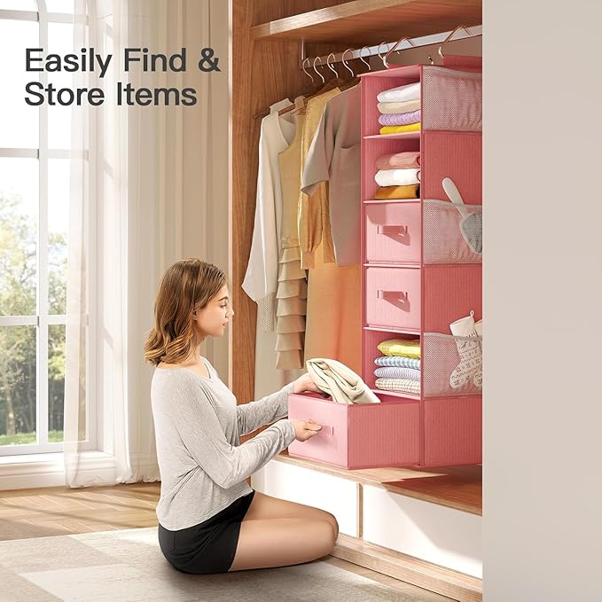 Pipishell Hanging Closet Organizer 6-Shelf, Hanging Shelves for Closet with 3 Removable Drawers & Side Pockets for Bedroom, Garment Rack and Wardrobe Organization, 12' x 12' x 43.3', Pink