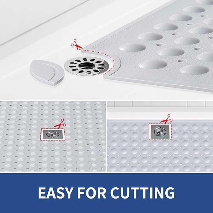 OTHWAY Large Shower Mat 34"x 23", TPE Non Slip Shower Mat for Walk in Shower Stall, Inside Shower Mats with Drain Holes Suction Cups, Anti-Slip for Elderly Kids (Light Grey)