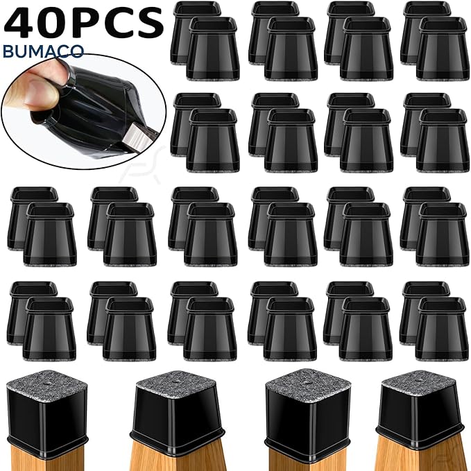 BUMACO Chair Leg Floor Protectors Square Chair Leg Protectors for Hardwood Floors 40Pcs Silicone Covers to Protect Floors Square (Black-L Fit 1-1/16" to 1-5/8")
