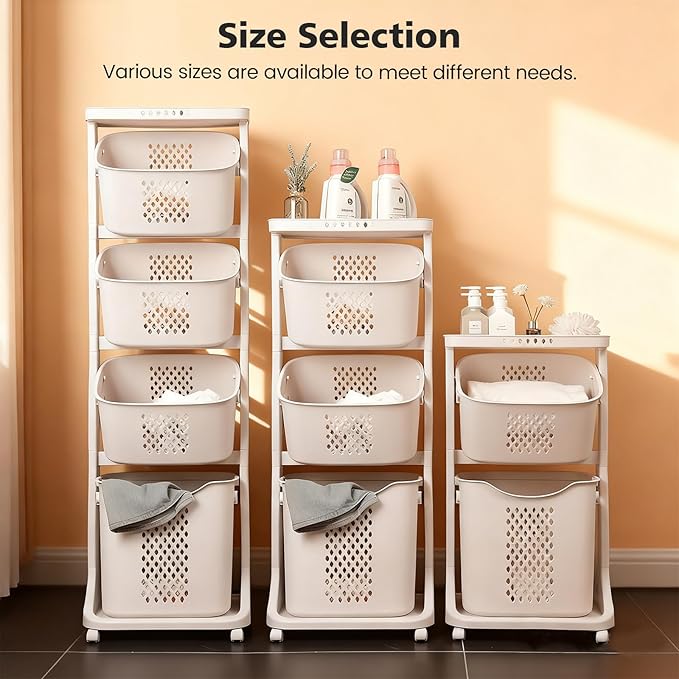4-Tier Laundry Hamper Sorter, Vertical Rolling Laundry Baskets with Wheels Removable, Stackable Laundry Cart Organizer and Storage for Small Space, Dorm, Closet, Bathroom