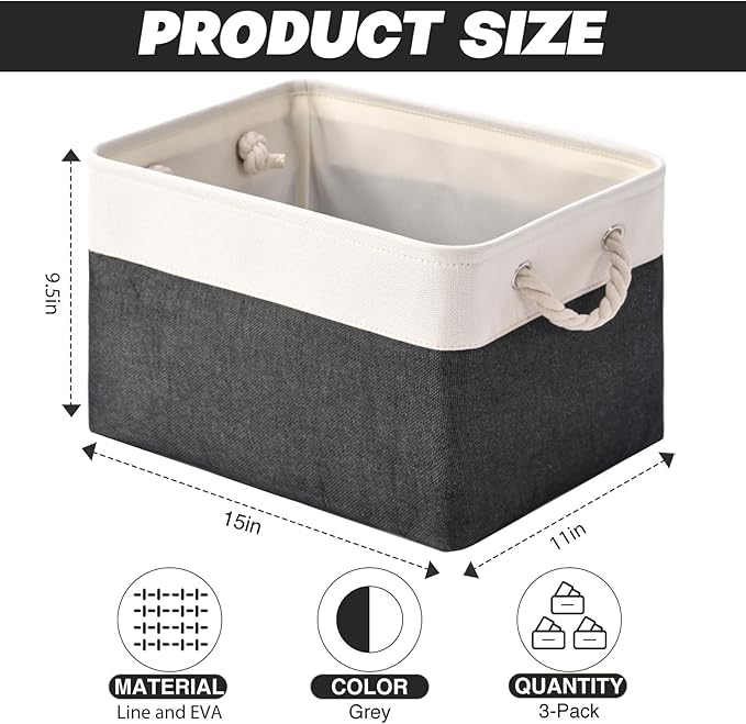 Storage Bins 3 Pack, Fabric Storage Basket for Collapsible Medium Canvas Storage Baskets for Organizing Shelf Nursery Home Closet with Cotton Rope Handle 15(L) x 11(W) x 9.5(H) inch(White&Black-3PCS)