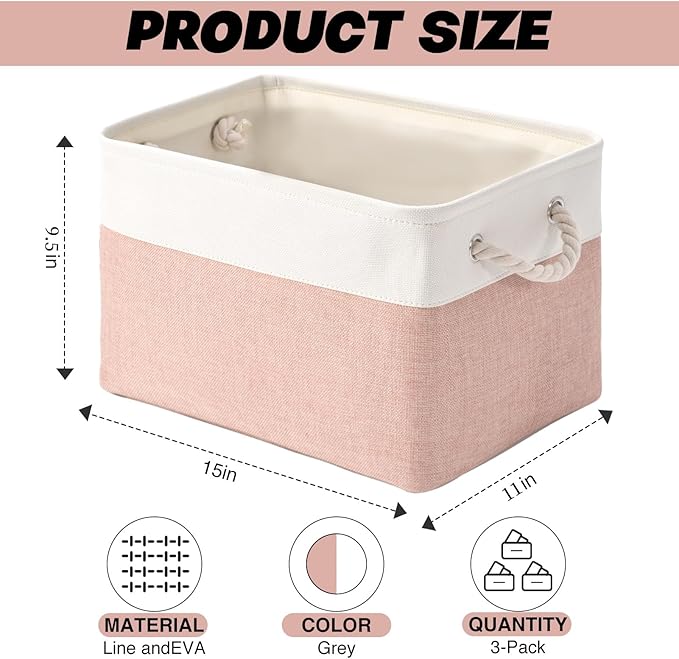 DUHEL Storage Bins 3 Pack, Fabric Storage Basket for Collapsible Medium Canvas Storage Baskets for Organizing Shelf Nursery Home Closet . (White&Blue-3PCS) (White&Pink-3PCS)