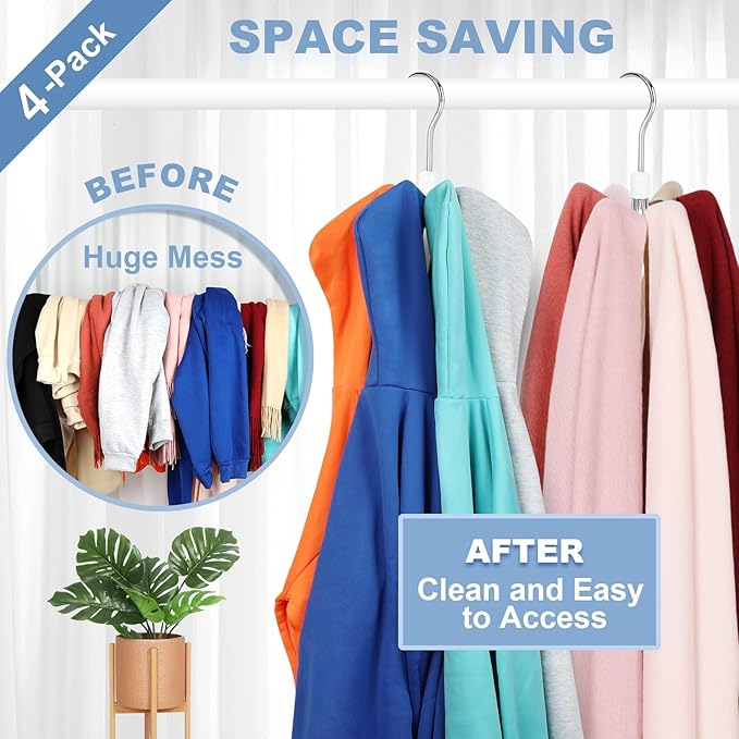 TOPIA HANGER Hoodie Hangers 4-Pack with 6 Wood Balls, 360°Swivel Purse Hanger, Scarf Hanger, Closet Hooks, Handbag Organizer, Bra Hanger, Accessory Organizers for Scarf, Tanktop, Hat, Hoodie CT57W