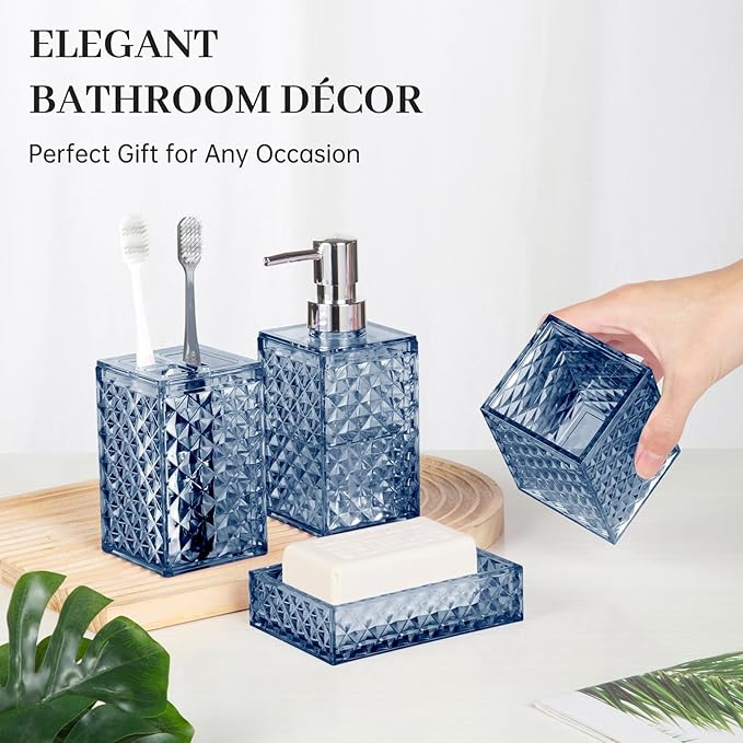 Bathroom Accessory Set, Grid Pattern 4 Pcs Plastic Bathroom Set Include Soap Dispenser, Soap Dish, Toothbrush Holder, Mousewash Cup, Modern Bahtroom Décor Set, Space Save for Bathroom(Dark Blue)