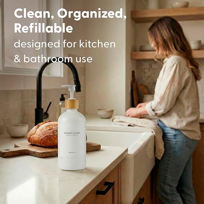 MaisoNovo Glass Hand Soap Dispenser | Dish Soap Dispenser for Kitchen | 16.9oz White Bottles with White Bamboo Pump | Bathroom Lotion Dispenser