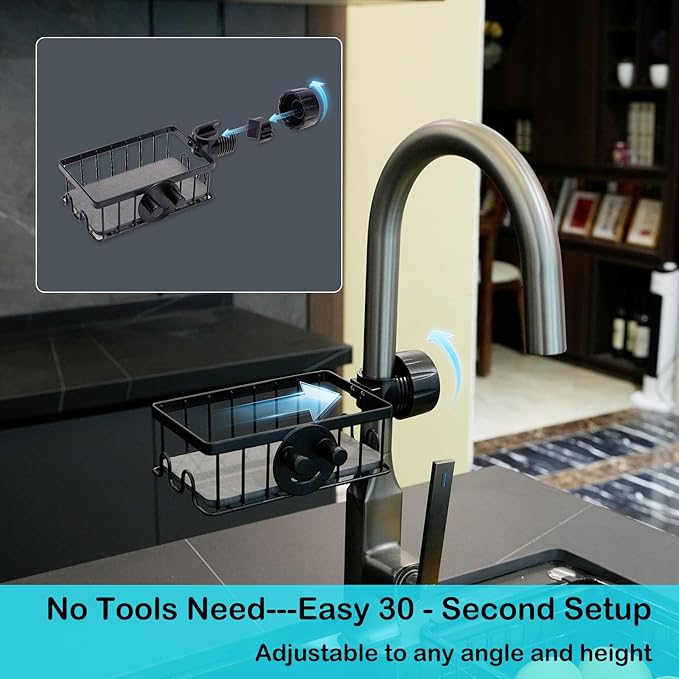 Sponge Holder for Kitchen Sink Smiley Face Sponge Holder Over Faucet - Stainless Steel Sink Caddy Organizer with Quick Stone Drying Mat (Black)