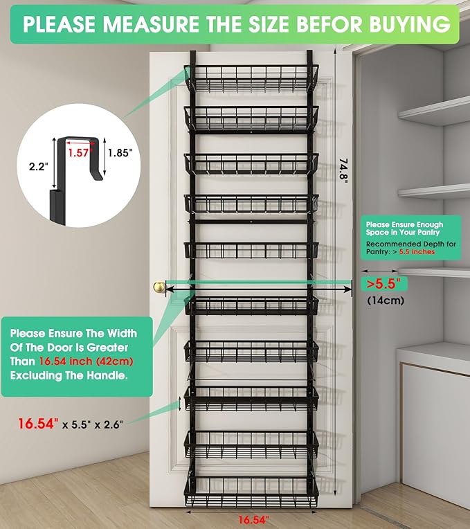 10-Tier Over The Door Pantry Organizer, Pantry Organization and Storage, Black Metal Hanging Adjustable Basket, Wall Spice Rack Seasoning Shelves, Home & Kitchen Essentials
