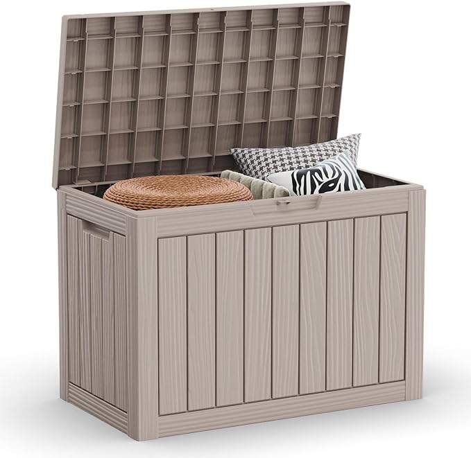 Outdoor Storage Box Waterproof, 45 Gallon Lockable Resin Deck Box Large, Patio Storage Bin for Pool Accessories Cushion Furniture, Garden Tools, UV-Resistant Outside Delivery Light Coffee