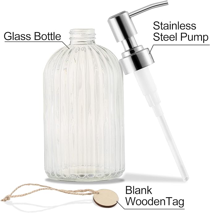 16 OZ Soap Dispenser，Tempered Glass Clear Vertical Stripe with 304 Rust Proof Stainless Steel Pump Refillable Liquid Hand Soap Dispenser，for Bathroom, Kitchen, Dish Soap，Lotion (Clear)