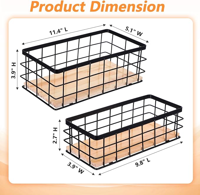 2 Pack Black Metal Wire Storage Baskets with Wood Bottoms, Bathroom Storage Organizer Basket Bins, Includes 2 Bonus Adhesive Hooks for Easy Wall Mounting