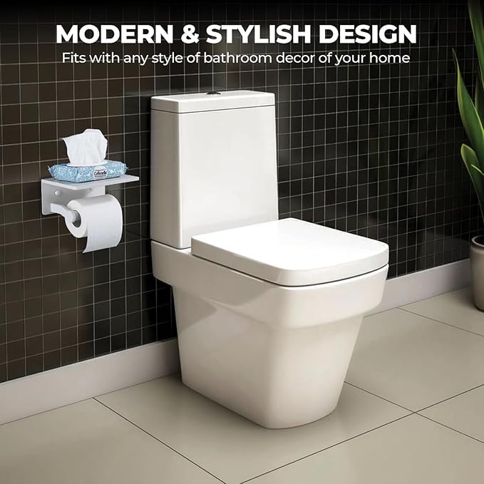 Homely Trove Toilet Paper Holder with Phone Shelf - Tissue Roll Holder Bathroom Storage Dispenser - Adhesive Toilet Paper Holder Wall Mount Bathroom Décor - Matte White