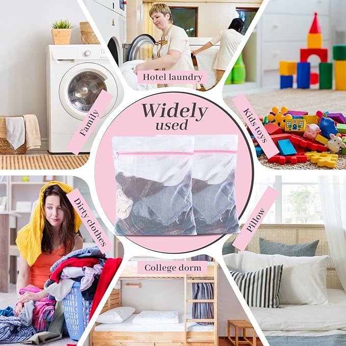 Nuenen 36 Pieces Mesh Laundry Bags Fine Mesh Wash Bags with Zipper Machine Washable Lingerie Bags for Washing Delicates Clothes Garment Underwear Blouse Hosiery Socks Travel, 16 x 20 Inches (Pink)