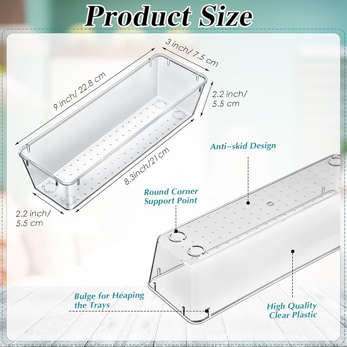 Maitys 12 Pcs Clear Drawer Organizer 9 x 3 x 2 Inches Plastic Rectangle Trays Makeup Vanity Storage Bins and Kitchen Drawers Dividers for Office Desk Silverware Kitchen Utensils(Clear)
