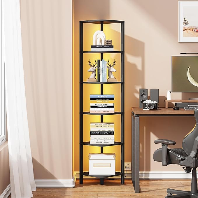 TUTOTAK Corner Shelf with LED Light, 6-Tier Corner Bookshelf for Small Space, Narrow Display Corner Shelf Stand with Storage Rack, for Living Room, Bedroom, Black BS08BK006L
