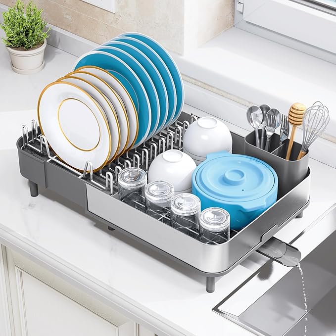 Dish Drying Rack, 304 Stainless Steel Dish Drainer with Removable Utensil Holder & Drain Board, Rustproof Space-Saving Dish Rack for Kitchen Countertop, Grey
