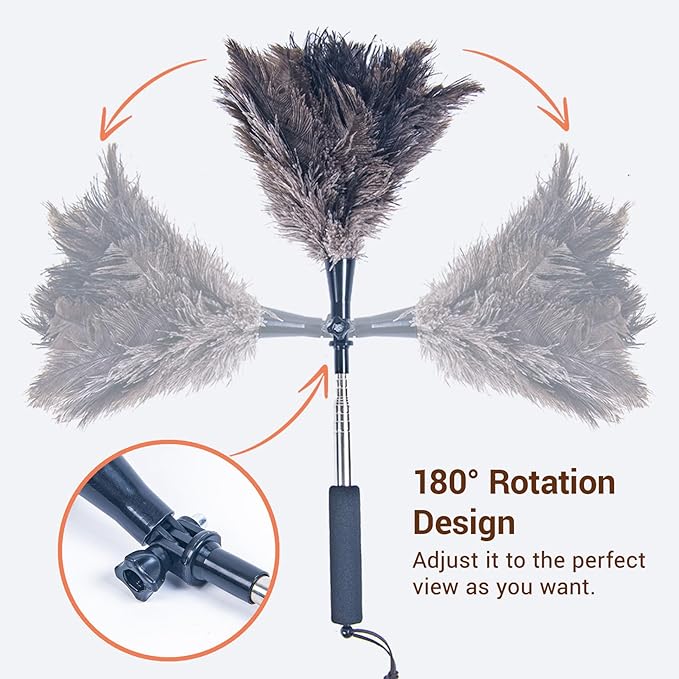 Luxury Black Curved Feather Duster, Extendable Ostrich Feather Cleaning Tool for High Ceilings, Furniture, Blinds, Walls, Soft Fluffy Long Handle Dusting(A13-Black)