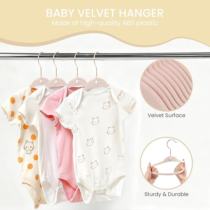 Kids Velvet Hanger 50 Pack, 11 Inch Baby Hangers with 10 Clips, Premium Non-Slip Newborn & Toddler Clothes Hangers with 360° Rose Gold Swivel Hook & Space-Saving Stackable Design, Pink
