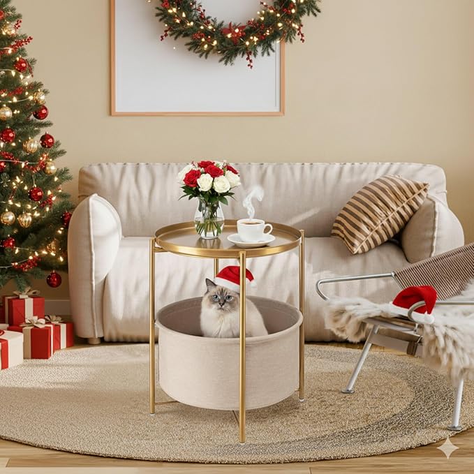 danpinera Round Side Table with Fabric Storage Basket, Pack of 2, Metal Side Table Small Bedside Table Nightstand with Removable Tray Top for Living Room, Bedroom, Nursery, Laundry, Gold