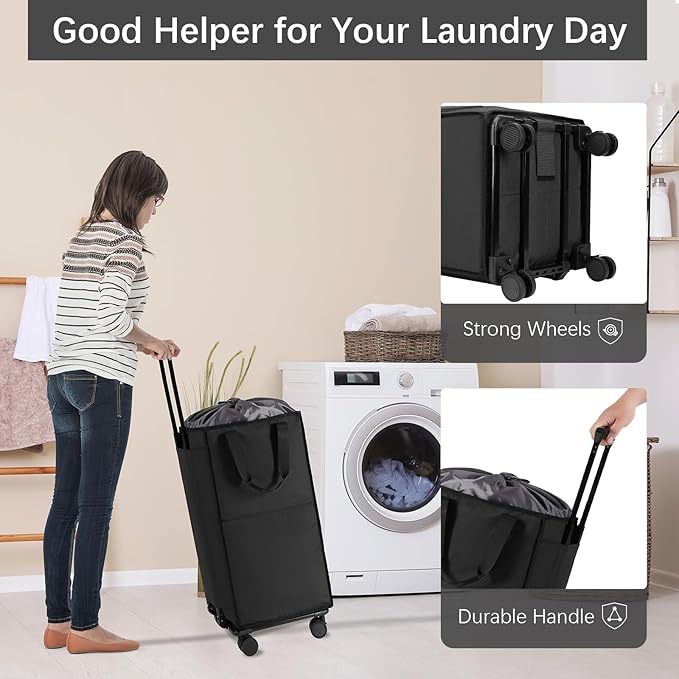 Bukere Extra Large Rolling Laundry Basket with Wheels, 90L Freestanding Collapsible Laundry Hamper Bag for Clothes Storage, Removable Wheeled Cart for College Dorm Apartment Laundry Room Bathroom