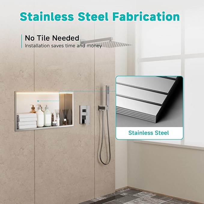 TSIBOMU Stainless Steel Shower Niche with LED Lights 12" x 24" Recessed Wall Niche, No Tile Needed Bathroom Storage Shelf (Brushed)