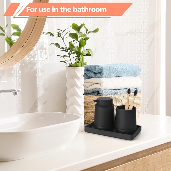 Black Bathroom Countertop Accessories Set - Foaming Soap Dispenser and Toothbrush Holder with Silicone Boot,Vanity Tray (Black Foam)