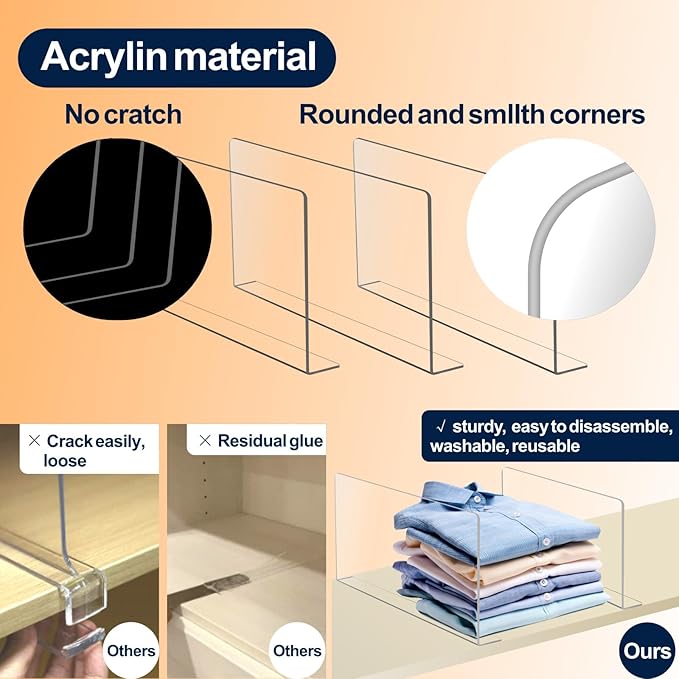 Uzpomel Acrylic Shelf Dividers For Closet Organization，Sweater Organizer For Closet - 10pack 8” Tall Clear Plastic Shelf Dividers For Closets Shelves Cabinets