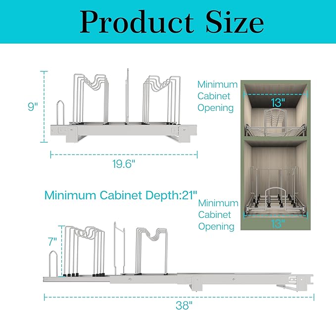 Pots and Pans Pull Out Organizer Under Cabinet, Adjustable Slide Out Pan and Pot Lid Rack Holder, Wire Dividers Kitchen Organization And Storage, Full-Extension Rail 12" W X 20" D
