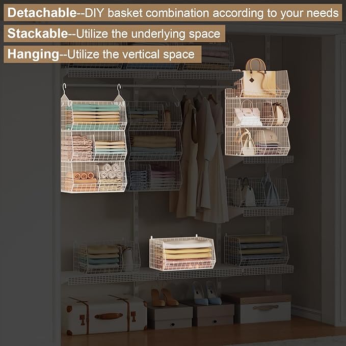 3 Tier Extra Large Closet Hanging Shelves with Divider, 16.5"L x 11.8"W x 33.6"H Closets Organizers and Storage with 5 S Hooks, Clothes Organizer for Sweaters Shoes Handbags Clutches Accessories-White