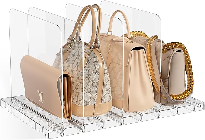 JOYZAN Purse Organizer for Closet Stackable, Adjustable Closet Purse Organizer, Clear Acrylic Shelf Dividers, Detachable Handbag Storage Separator Dividers for Home, Office - 1 Pack