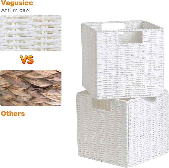 Vagusicc Wicker Storage Basket, Set of 2 Hand-Woven Wicker Baskets for Organizing, Foldable Cube Storage Basket Bins, 13 Inch Large Wicker Storage Baskets for Shelves & Decor, White (13''x13''x13'')