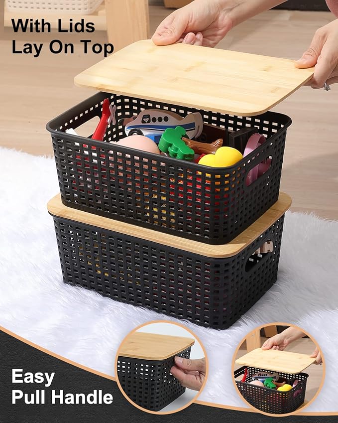 Storage Bins with Bamboo Lids, 6 Pack Plastic Storage Baskets and Storage Containers, Storage Baskets for Organizing Shelves Drawers Desktop Closet Playroom Classroom Office Home, Black